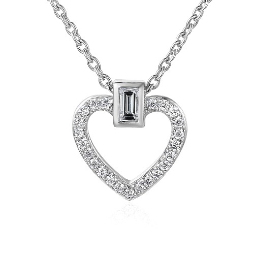 Baguette Cut Diamond Rubover Set With Round Brilliant Cut Micro Set Heart Shape Necklace