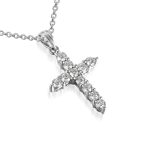 Claw Set Round Brilliant Cut Diamond Cross Pendant And Chain