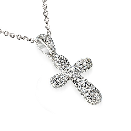 Micro Set Round Brilliant Cut Diamond Cross Pendant And Chain