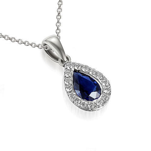 Rubover Set Pear Shape Cut Blue Sapphire & Round Brilliant Cut Diamond Halo Pendant
