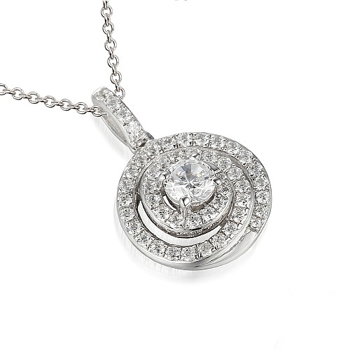 Round Brilliant Cut Diamond Micro Set Swirl Cluster Pendant And Chain