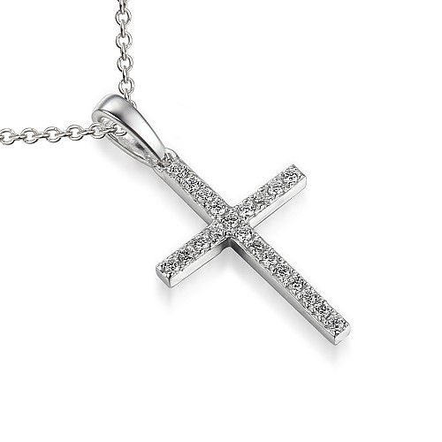 Round Brilliant Cut Micro Set Diamond Cross Pendant & Chain