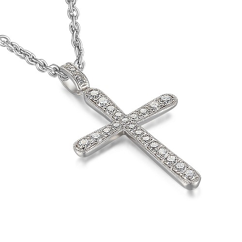 Round Brilliant Cut Milgrain Micro Set Diamond Cross Pendant & Chain