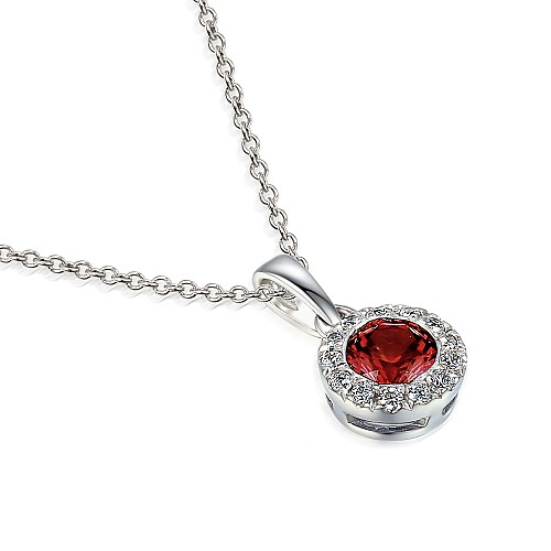 Rubover Set Round Brilliant Cut Ruby With Micro Set Diamond Halo Pendant And Chain