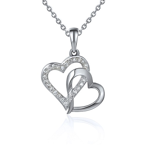 Round Brilliant Cut Diamond Micro Set Double Heart Shape Necklace
