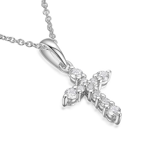 Claw Set Round Brilliant Cut Diamond Cross Pendant And Chain