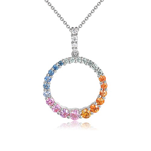 Claw & Micro Set Round Multi Colour Sapphires & Diamond Circle Pendant + Chain